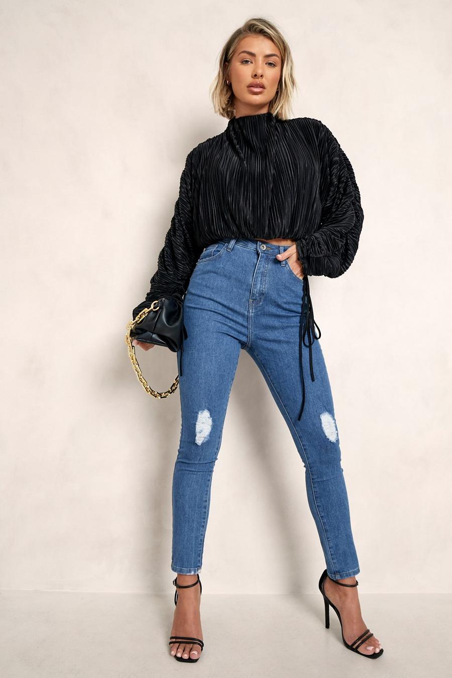 Zerrissene Skinny Jeans mit hohem Bund, Mittelblau image number 1