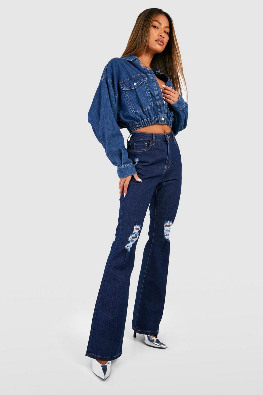 Indigo סקיני ג'ינס נמתחים High Waist עם קרעים ומכפלת פרומה image number 1