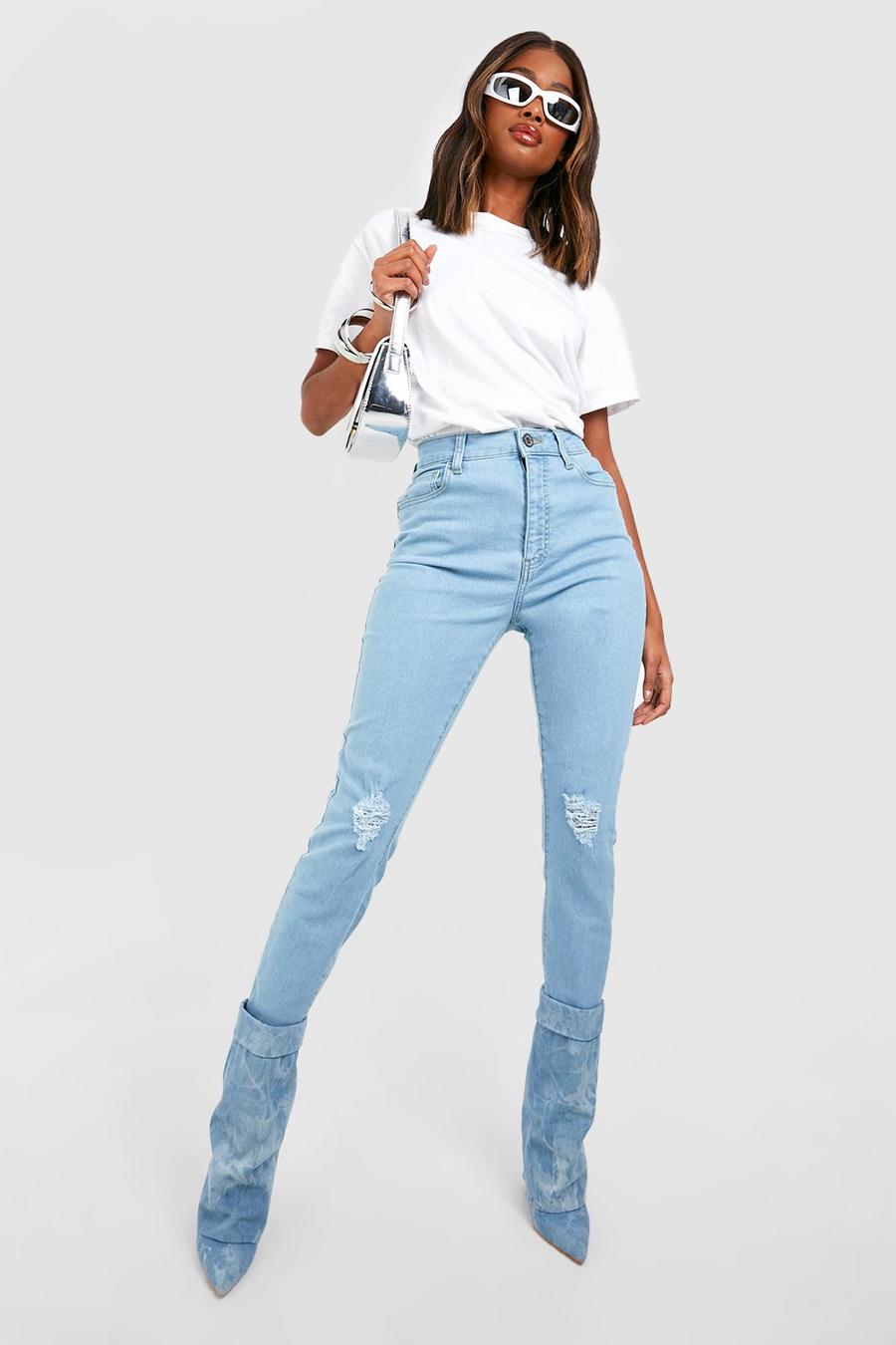 Light blue Slitna skinny jeans med fransig kant och hög midja image number 1