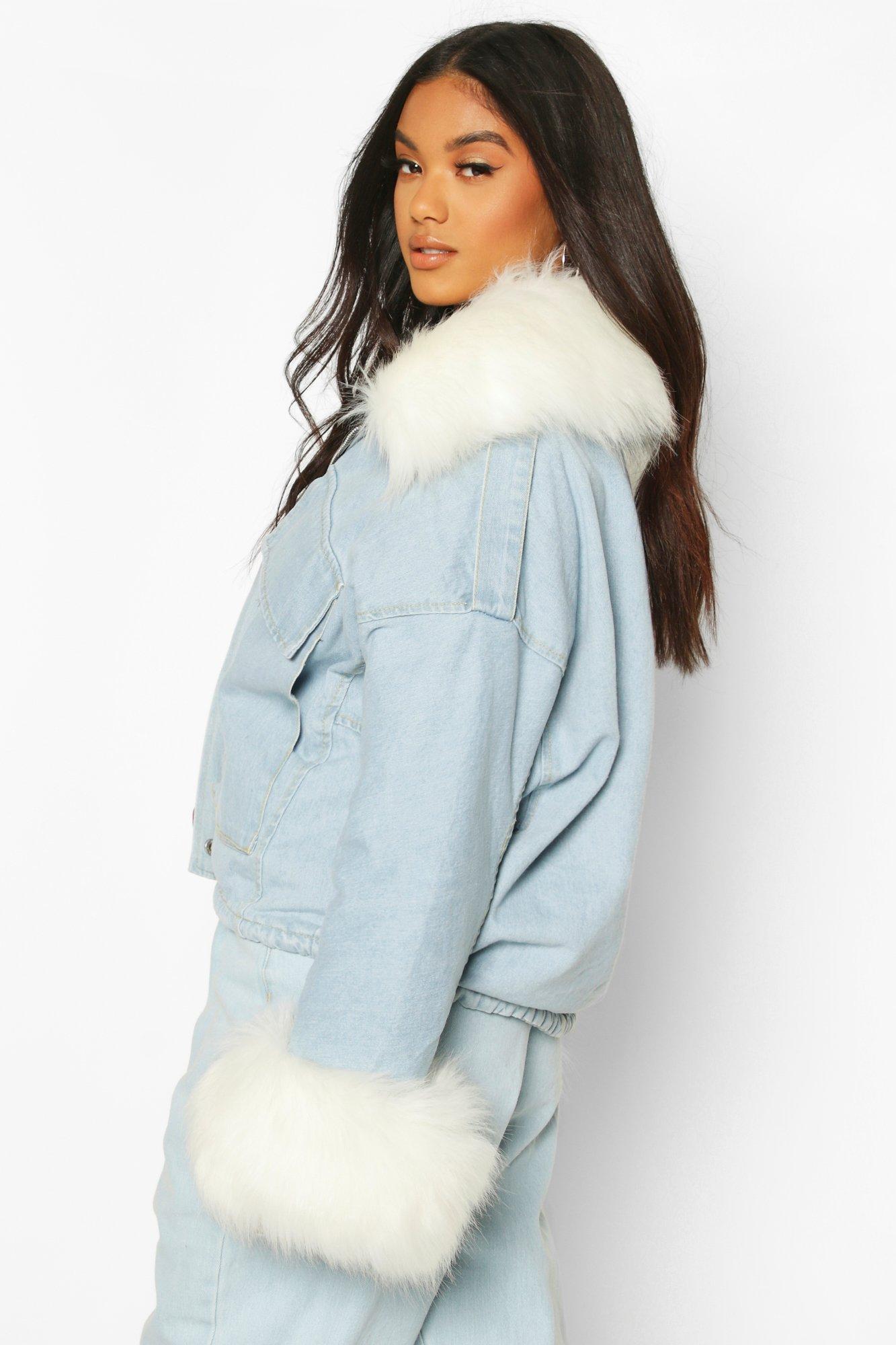 Faux Fur Collar Cuff Oversized Denim Jacket boohoo NO