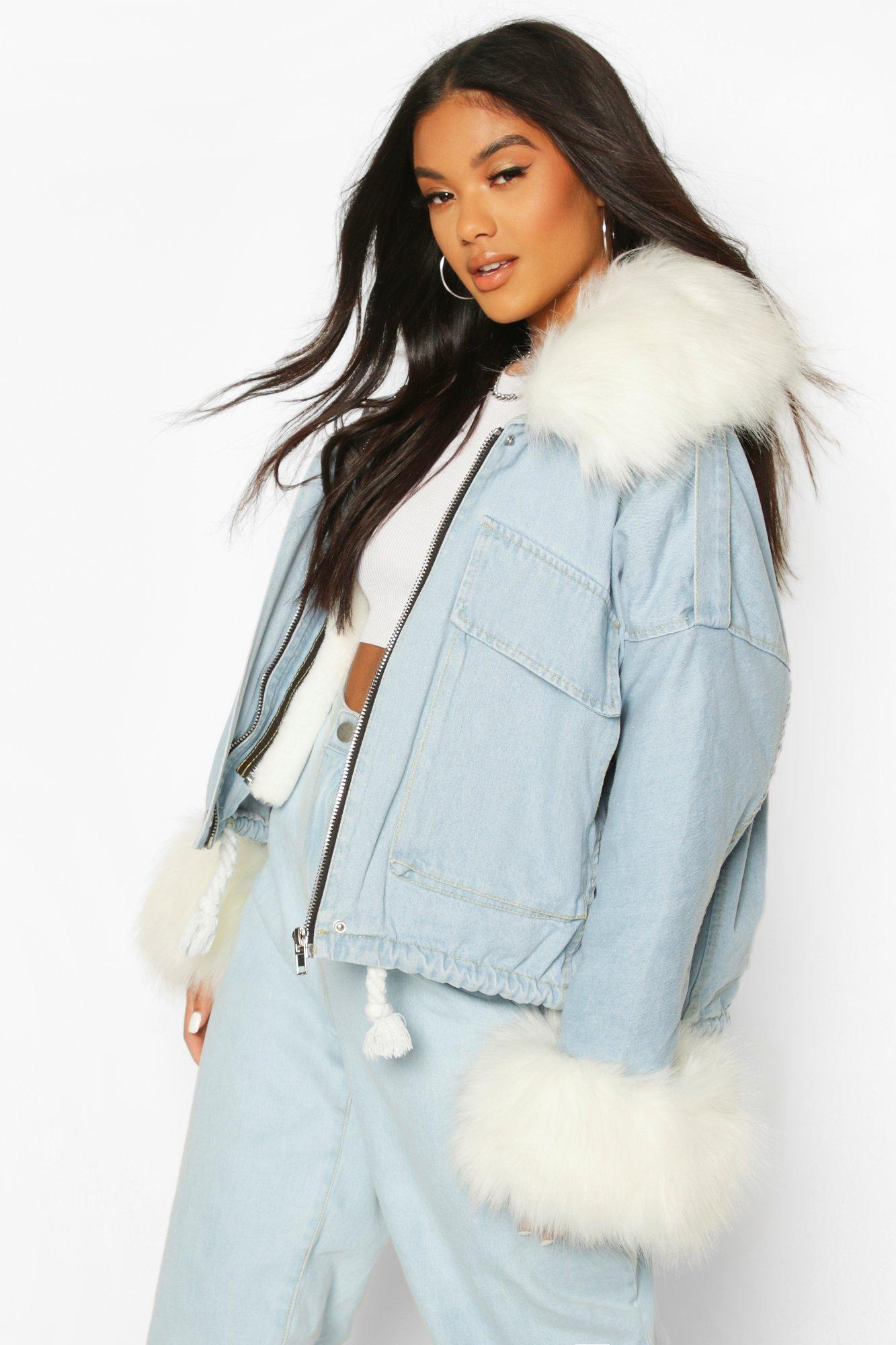 blue jean jacket with fur collar