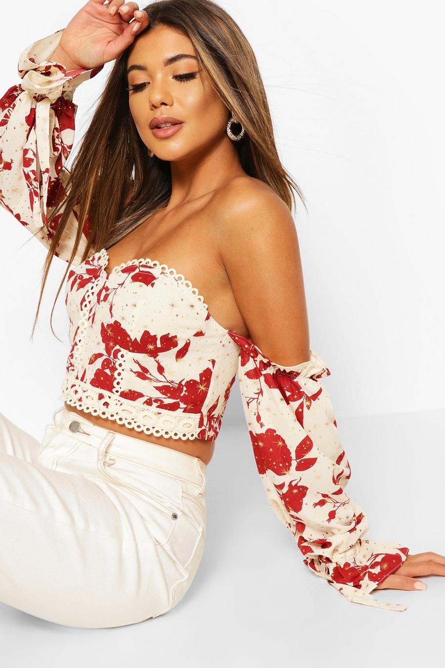 Rust Printed Lace Trim Off The Shoulder Crop Top image number 1