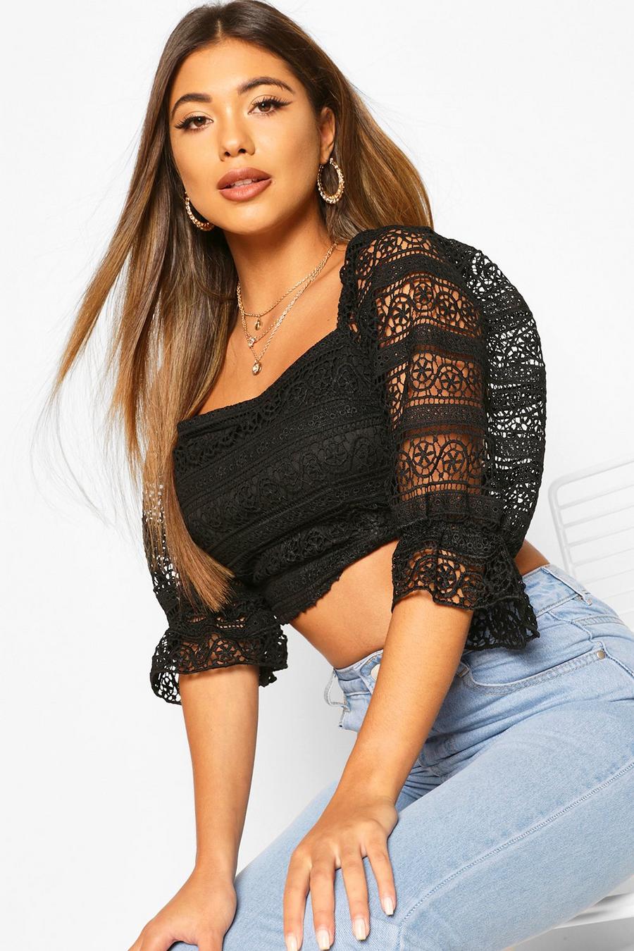 Black Lace 1/4 Sleeve Strappy Back Top image number 1