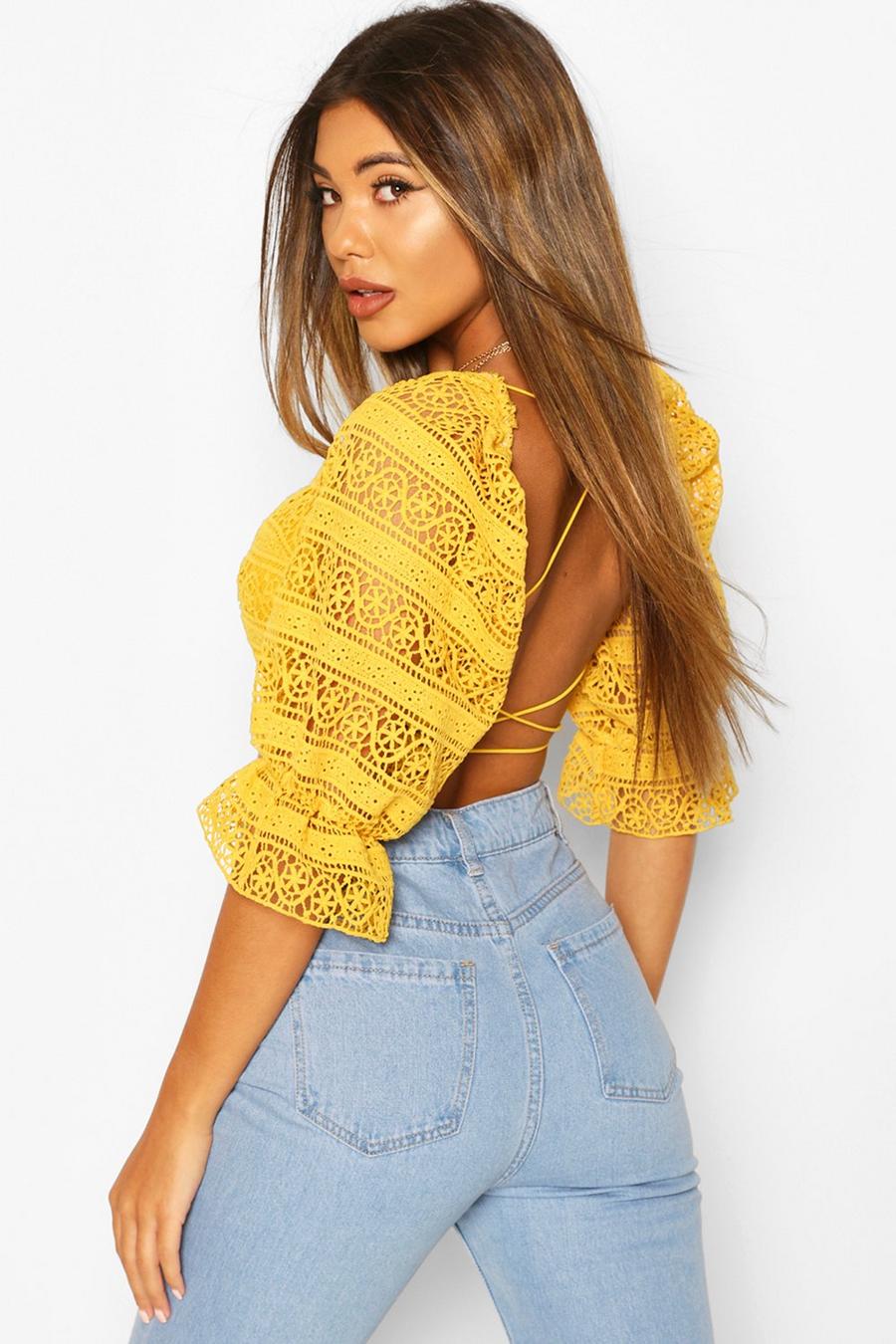 Yellow Lace 1/4 Sleeve Strappy Back Top image number 1