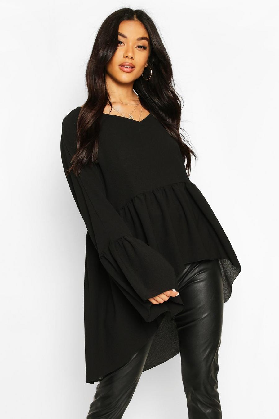 Black Woven Flared Sleeve Smock Top image number 1