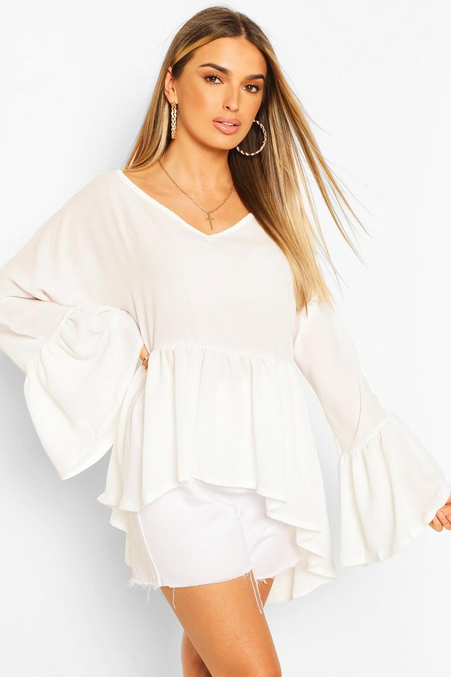 Ivory Woven Flared Sleeve Smock Top image number 1
