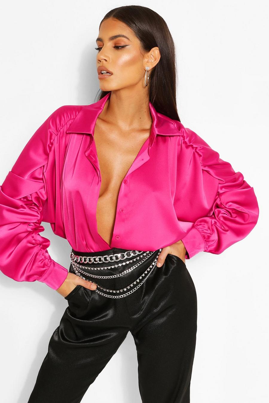 Hot pink Woven Ruched Sleeve Shirt image number 1