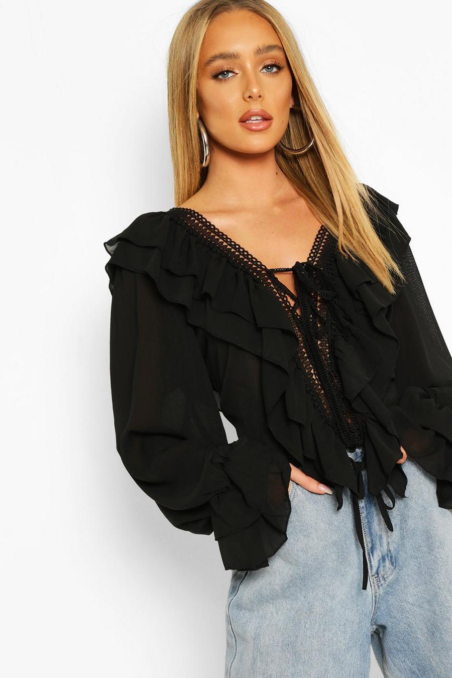 Black Woven Ruffle Detail Lace Trim Blouse image number 1