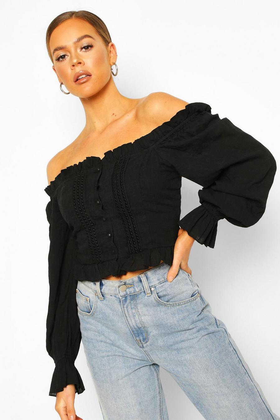 Woven Off The Shoulder Lace Trim And Ruffle Top image number 1