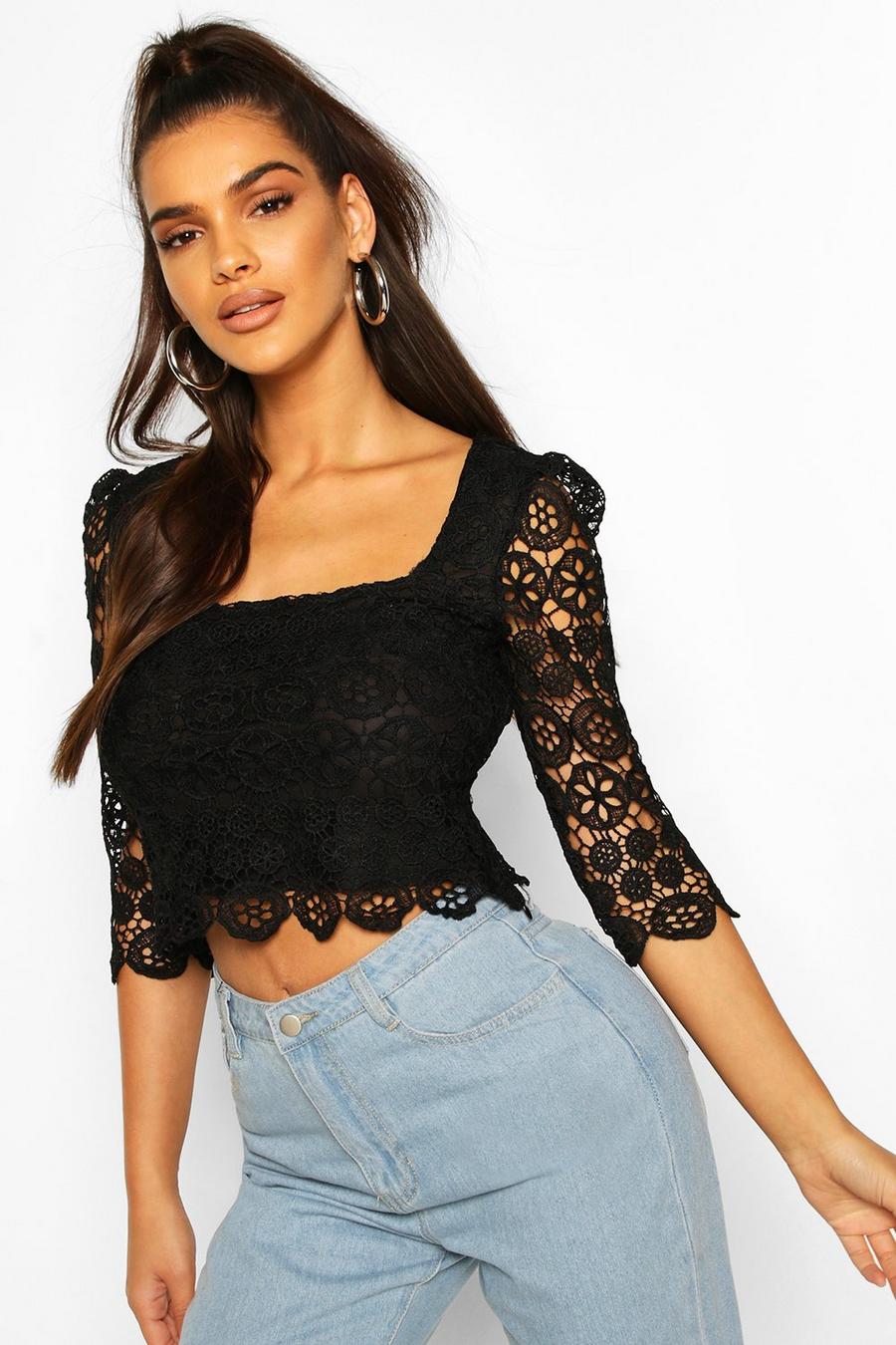 Black Lace Square Neck 3/4 Sleeve Top image number 1