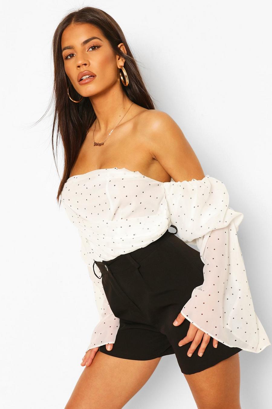 White Polka Dot Off The Shoulder Puff Sleeve Top image number 1