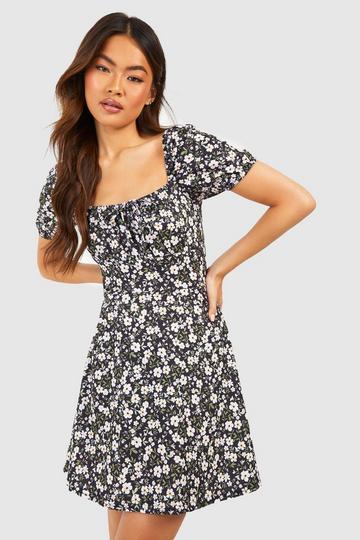 Floral Lace Up Skater Dress black