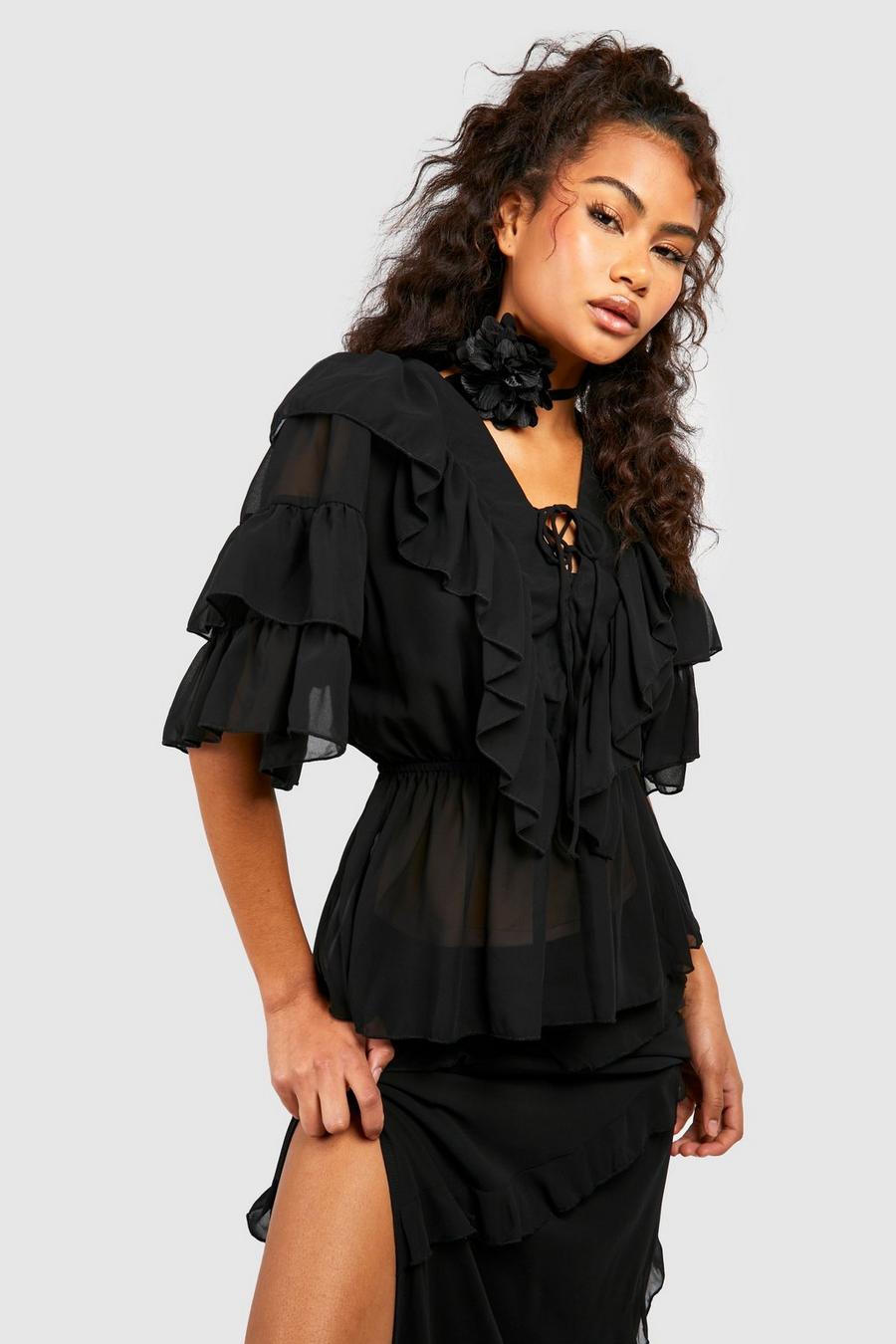 Black Woven Ruffle Lace Up Blouse image number 1