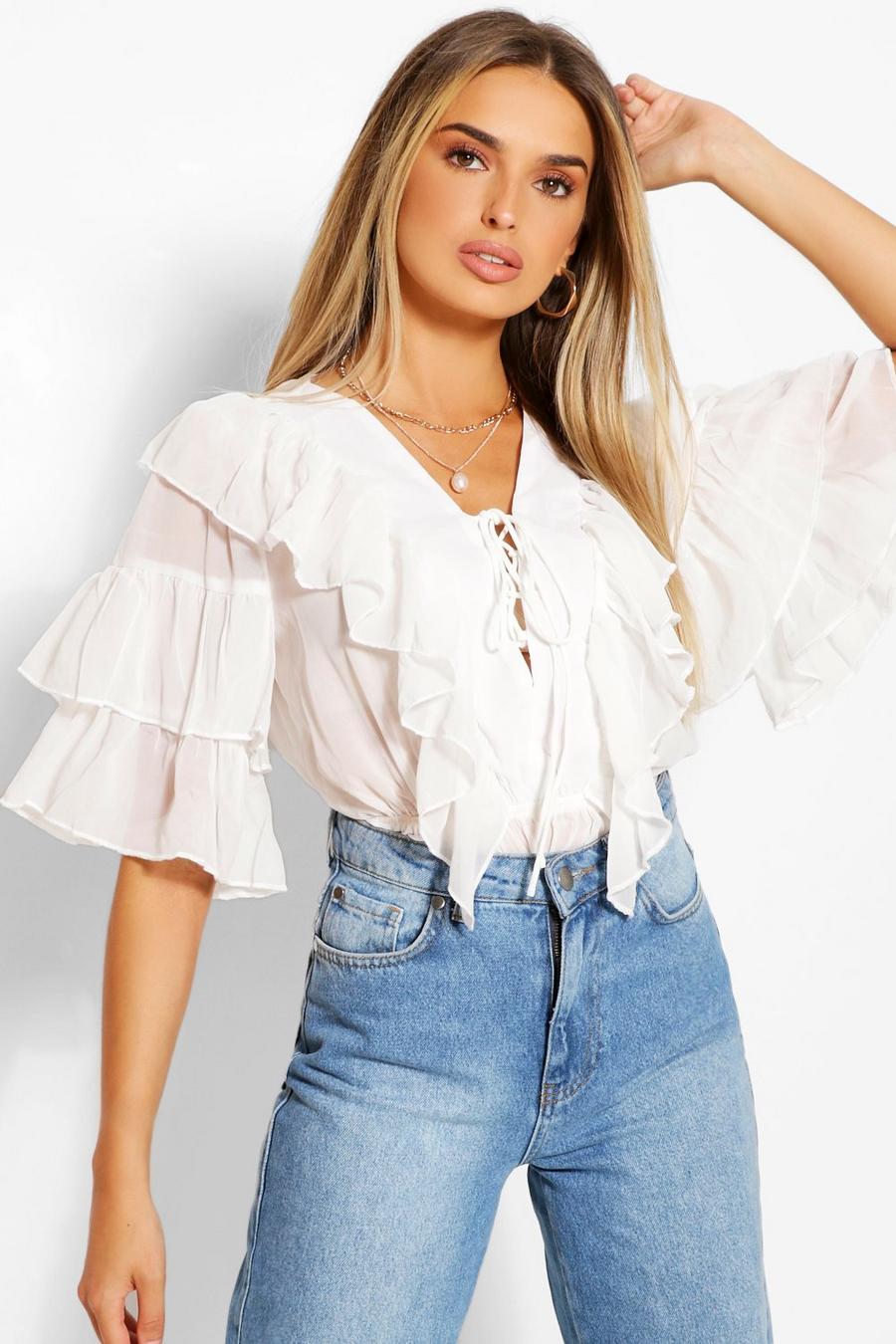 Ivory white Woven Ruffle Lace Up Blouse image number 1