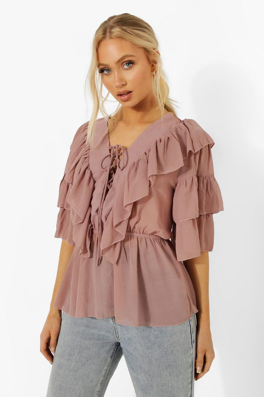 Taupe Woven Ruffle Lace Up Blouse image number 1