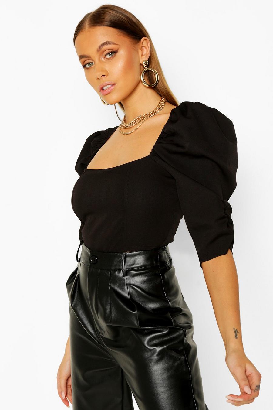 Black Woven Puff Sleeve Top image number 1