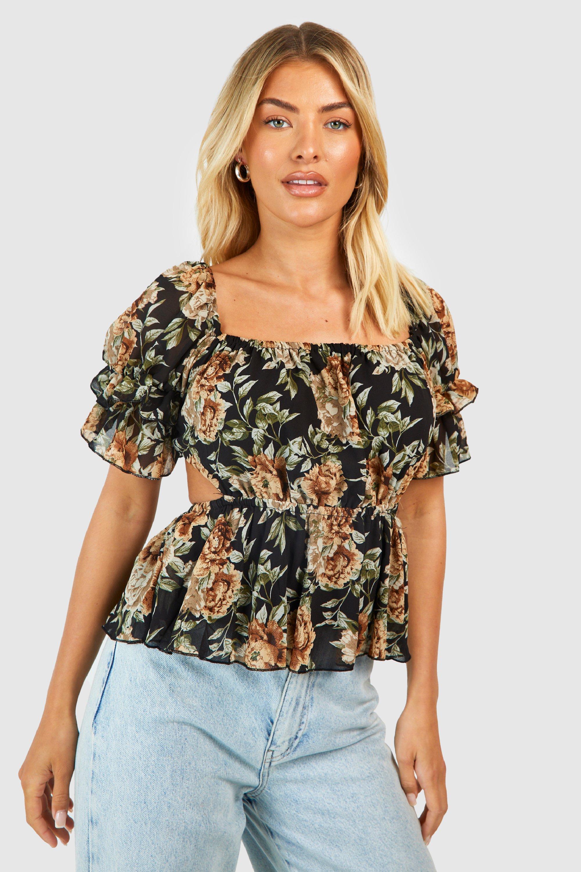 Woven Floral Open Back Peplum Top | boohoo