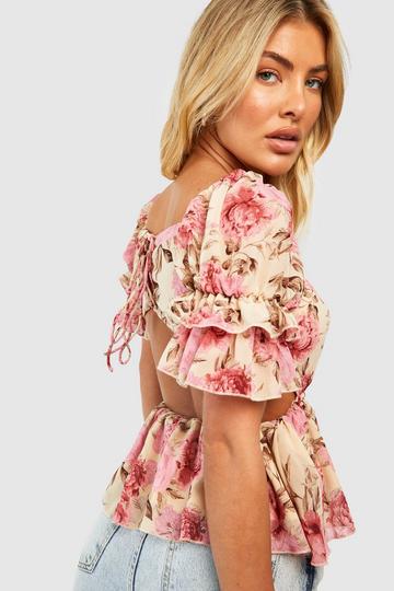 Pink Woven Floral Open Back Peplum Top