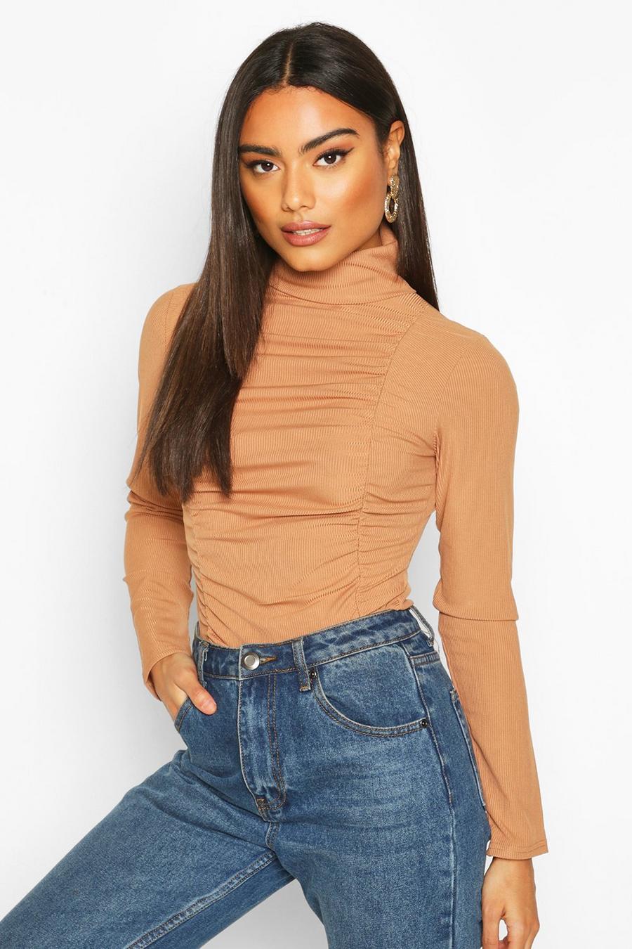 Camel Ruched Ribbed High Neck Top image number 1