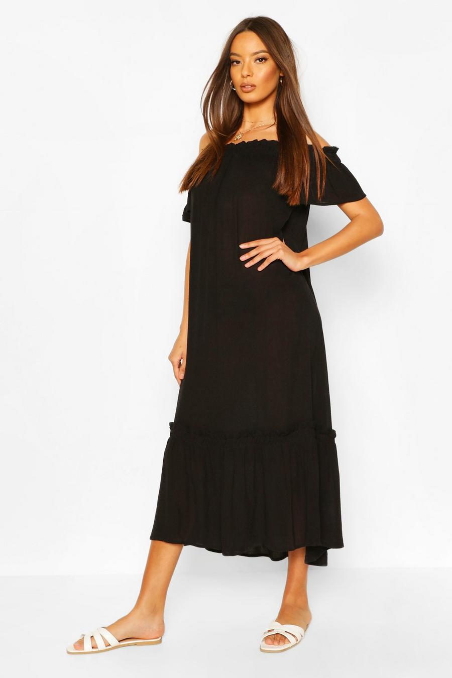 Black Off The Shoulder Ruffle Cheesecloth Midi Dress image number 1