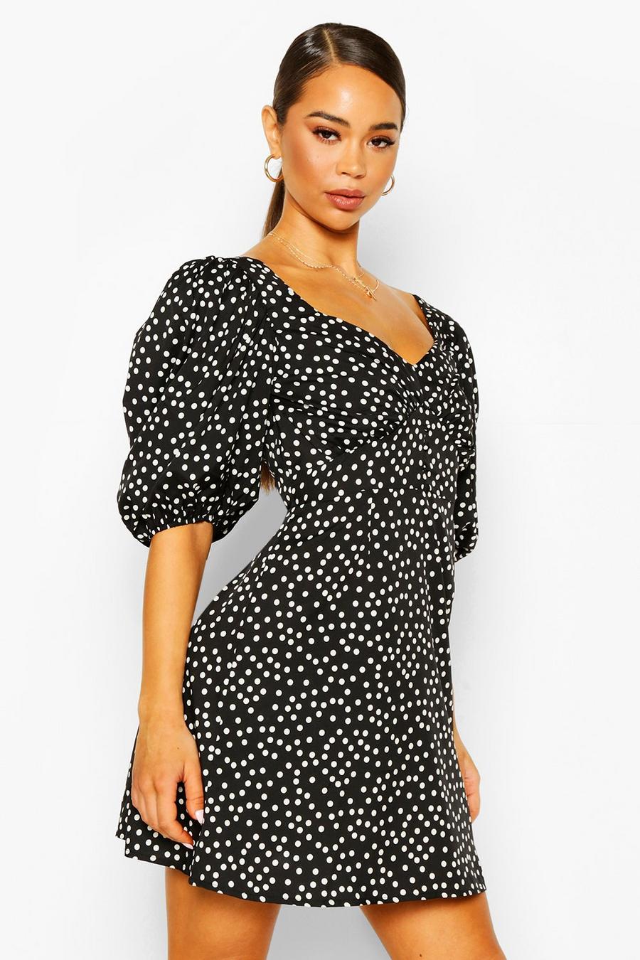 שחור שמלת מיני עם כפתורים, שרוולים נפוחים ונקודות פולקה image number 1