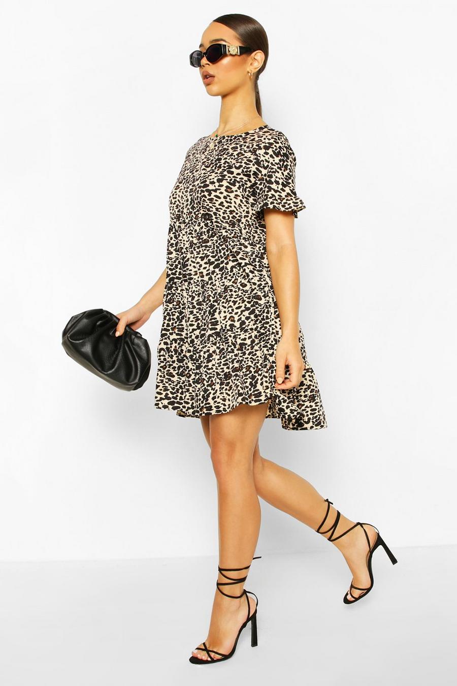 Brown Leopard Print Ruffle Sleeve Smock Dress image number 1
