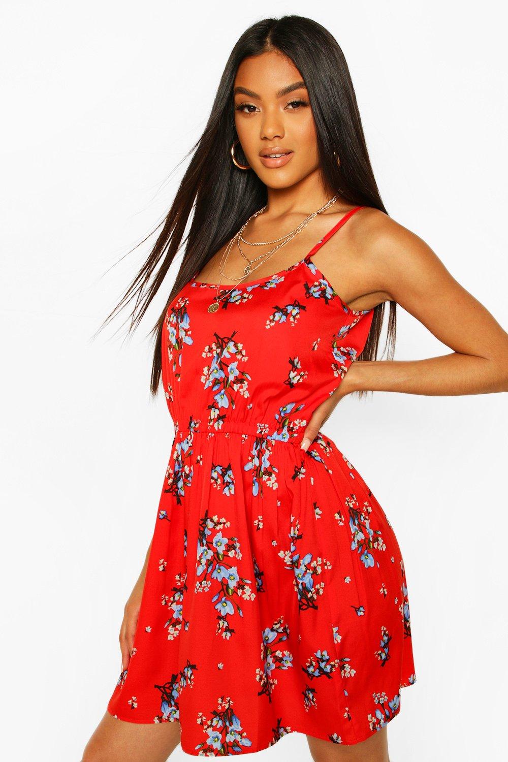 red floral strappy dress