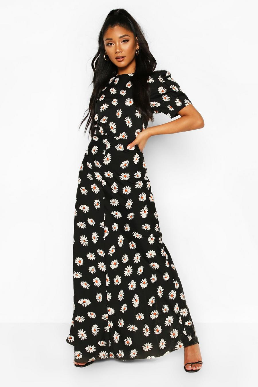 Woven Daisy Print Maxi Dress, Black image number 1