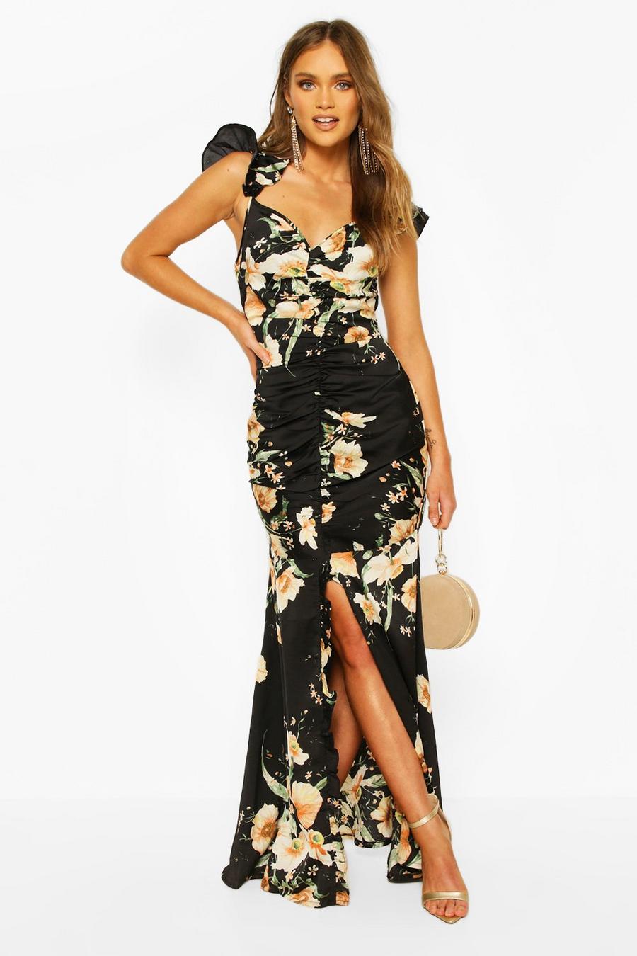 Floral Frill Strappy Sleeve Ruched Seam Split Maxi image number 1