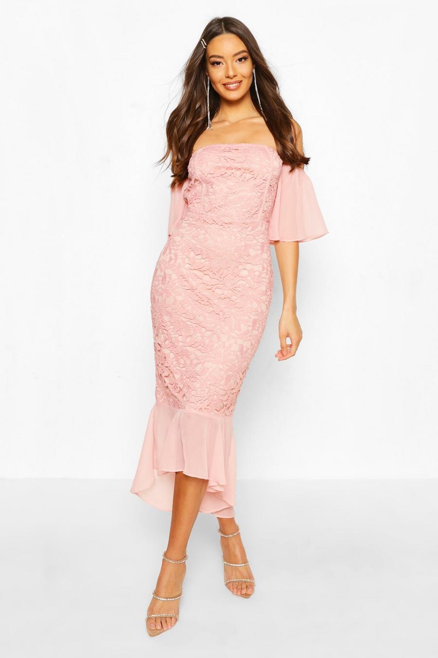 Pink Mesh Frill Sleeve Lace Bodycon Midi Dress image number 1