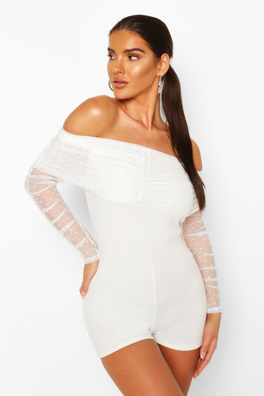 Off The Shoulder Dobby Mesh Sleeve Playsuit image number 1