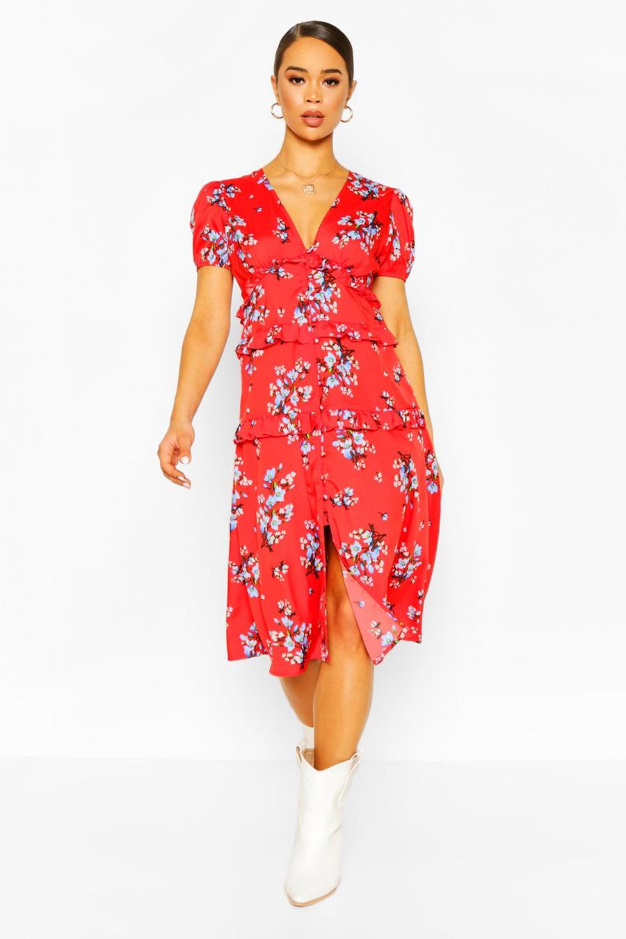 Rotes Midaxi-Kleid mit Rüschen und Blumenmuster, Rot image number 1