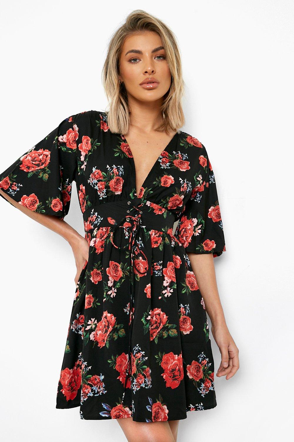 Rose Print Lace Up Detail Flute Sleeve Skater Dress boohoo UK