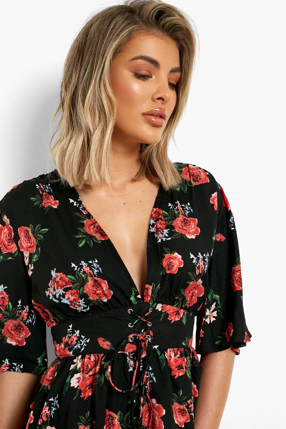 Rose Print Lace Up Detail Flute Sleeve Skater Dress