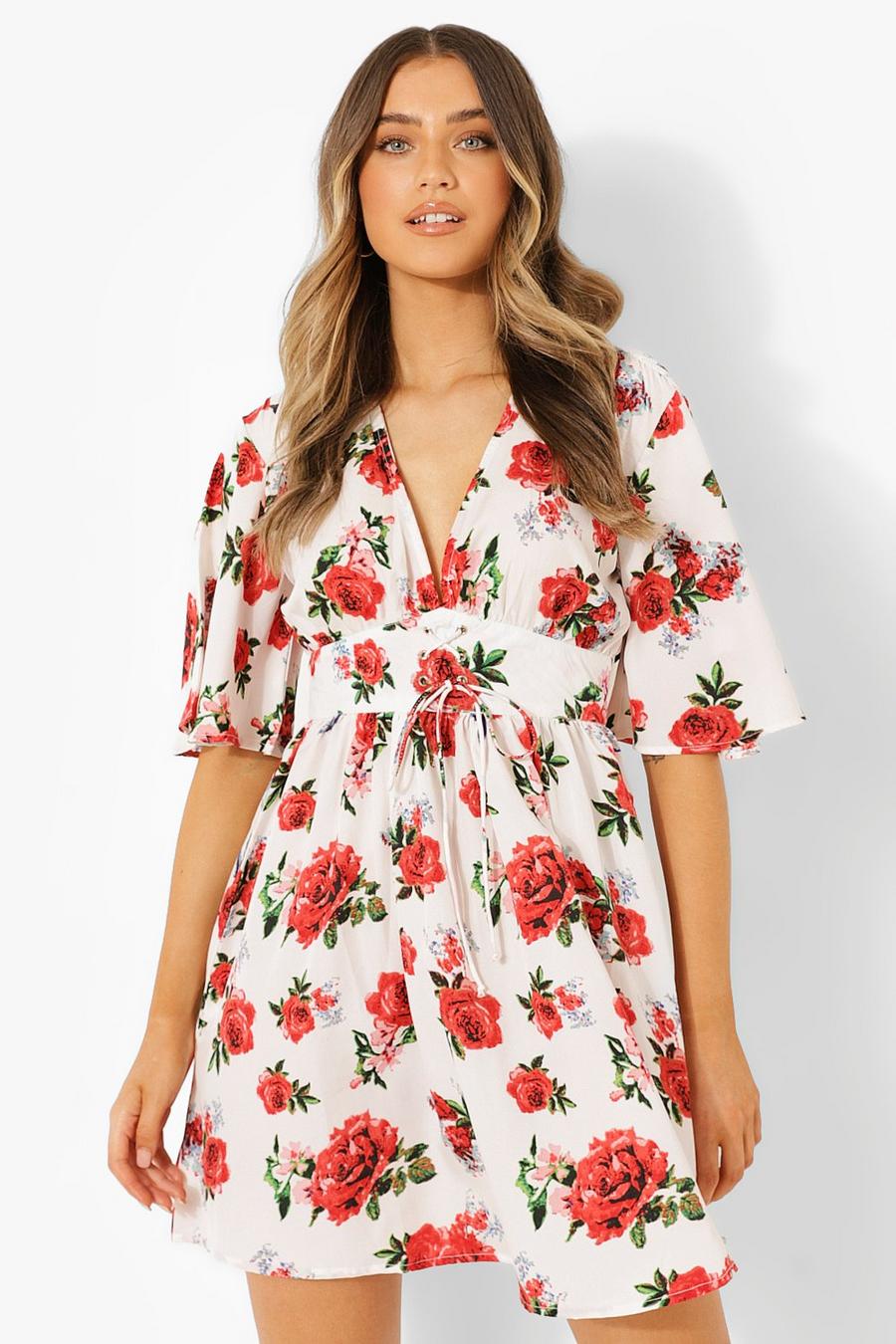 Rose Print Lace Up Detail Flute Sleeve Skater Dress | boohoo Rose Print Lace Up Detail Flute Sleeve Skater Dress | boohoo