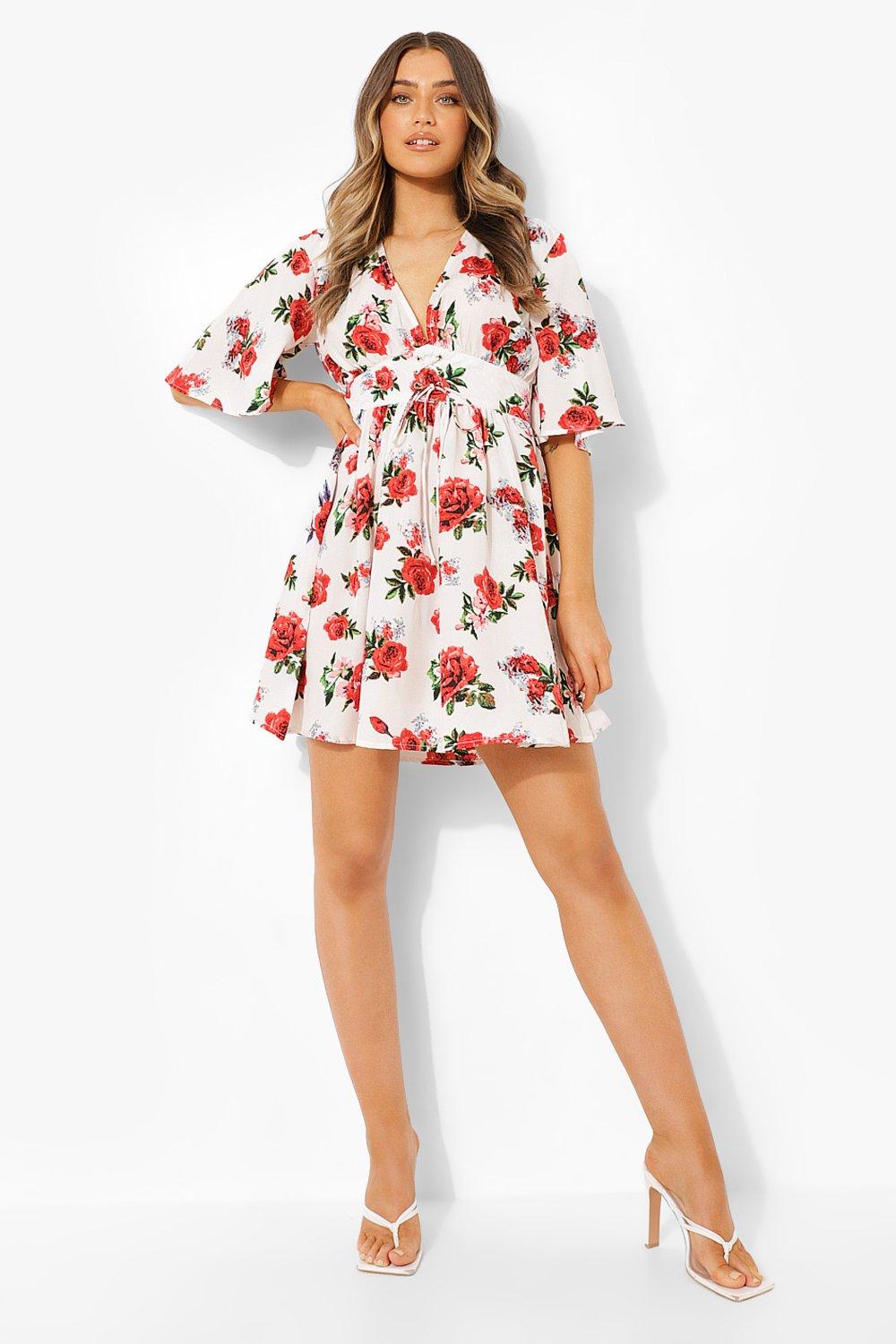Rose Print Lace Up Detail Flute Sleeve Skater Dress | boohoo Rose Print Lace Up Detail Flute Sleeve Skater Dress | boohoo
