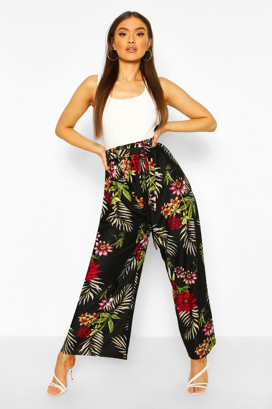 Tropical Print Wide Leg Pants With Tie Belt image number 1