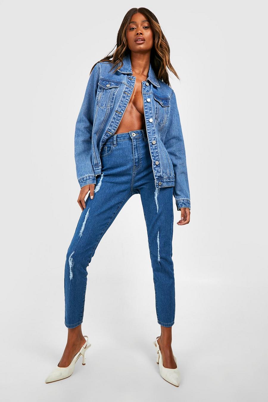 Mid blue blå Basics High Waisted Extreme Ripped Skinny Jeans