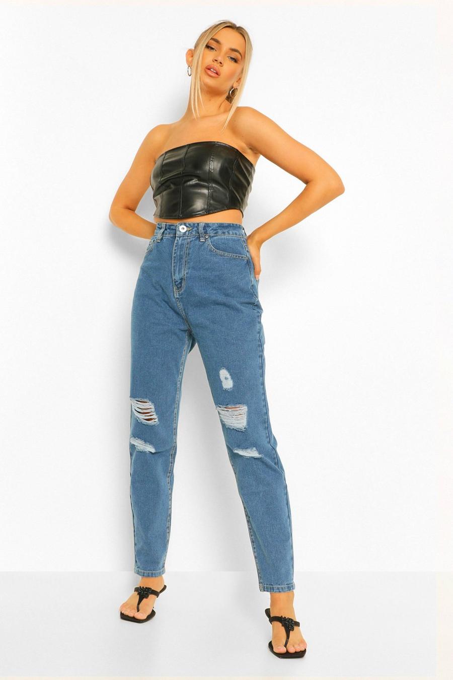 Mid blue Mid Rise Super Distressed Mom Jeans image number 1