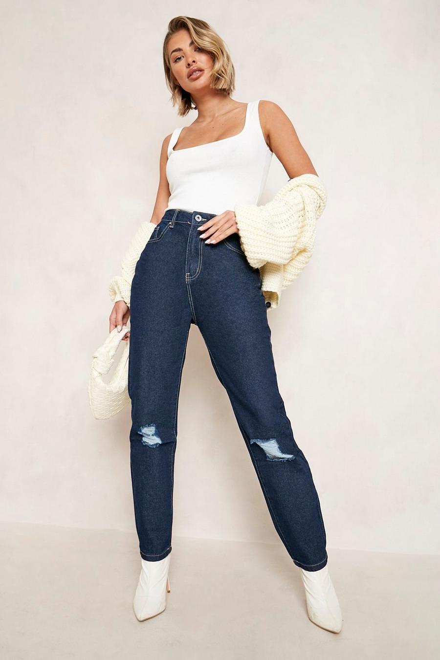 Zerrissene Mom-Jeans mit hohem Bund, Indigoblau image number 1