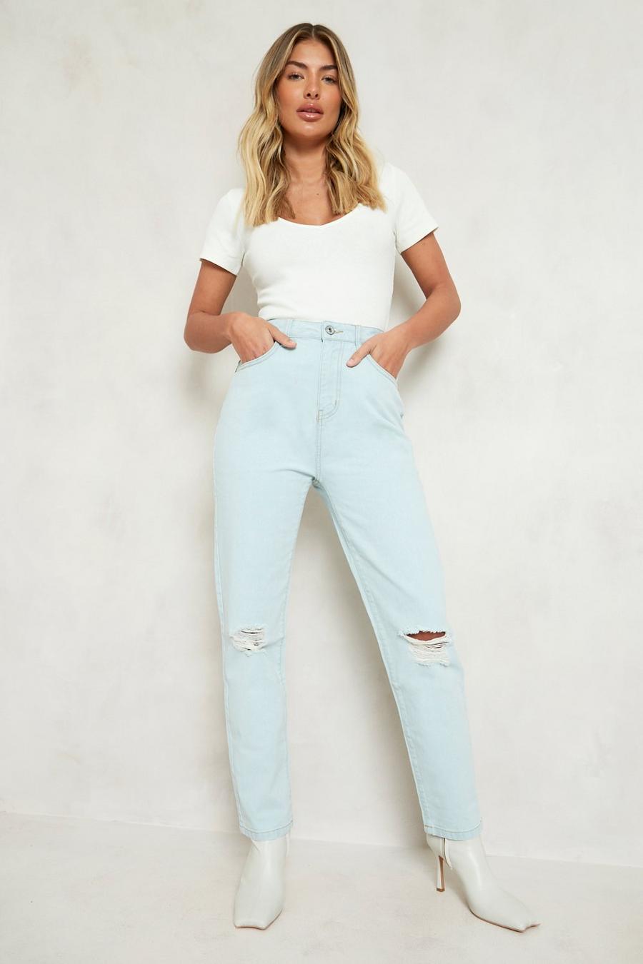 Light blue Slitna mom jeans med hög midja image number 1