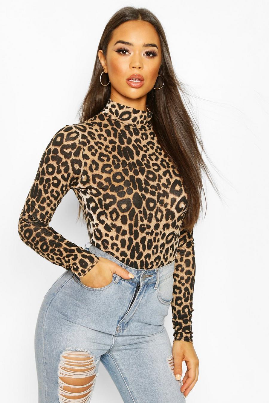 Leopard Print High Neck Long Sleeve Top, Brown image number 1