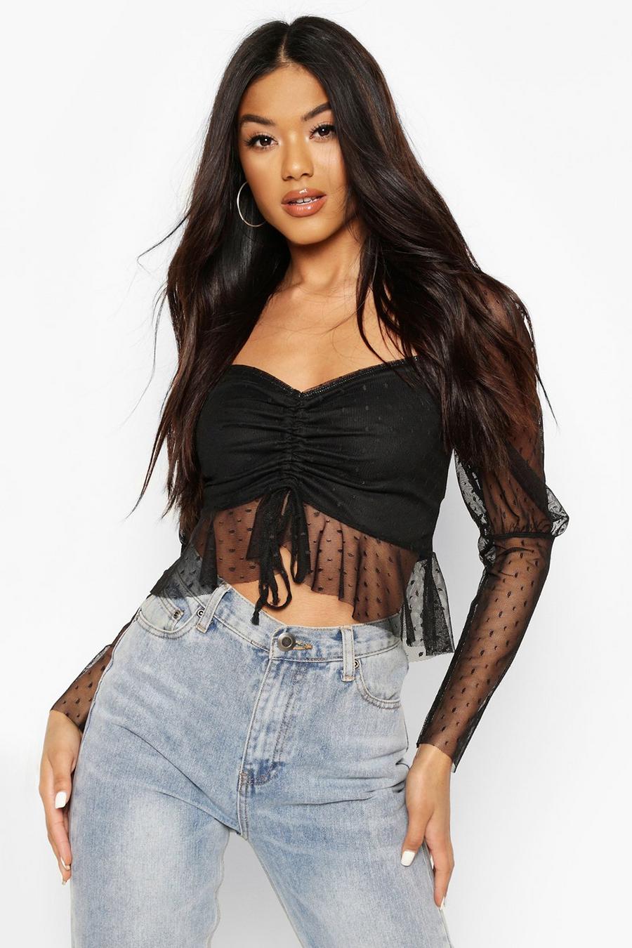 Black Dobby Mesh Puff Sleeve Tie Front Top image number 1