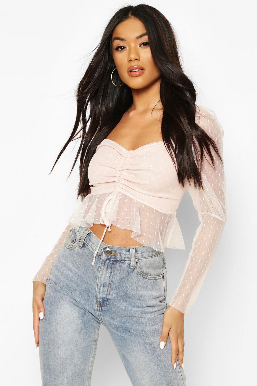 Blush Dobby Mesh Puff Sleeve Tie Front Top image number 1