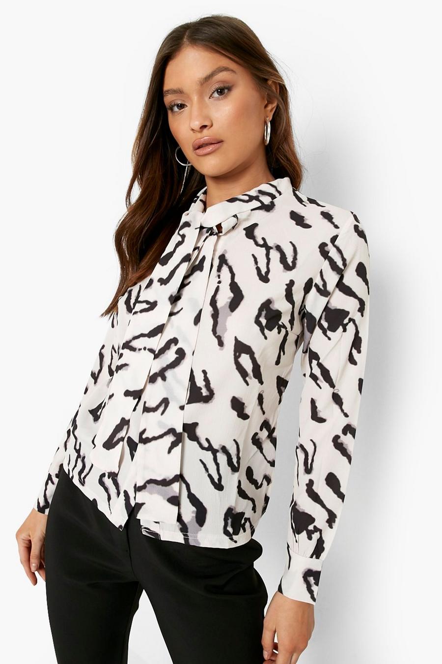 Nude Woven Animal Print Pussy Bow Blouse image number 1