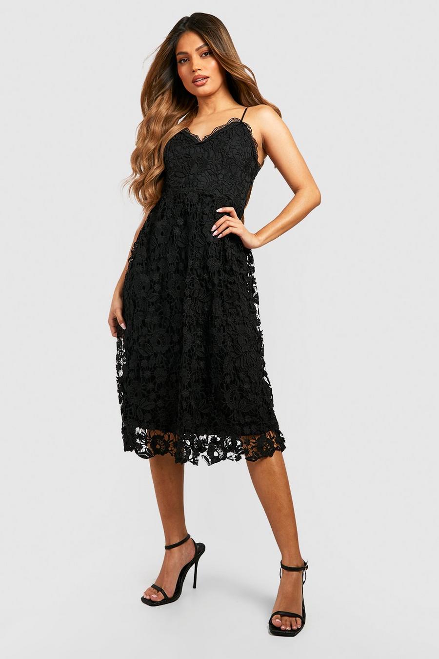 Black Strappy Crochet Lace Skater Midi Dress Waist image number 1