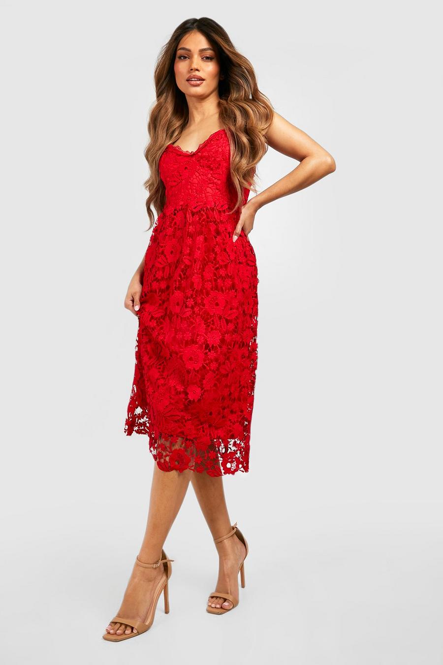 Red Strappy Crochet Lace Skater Midi pants Dress image number 1