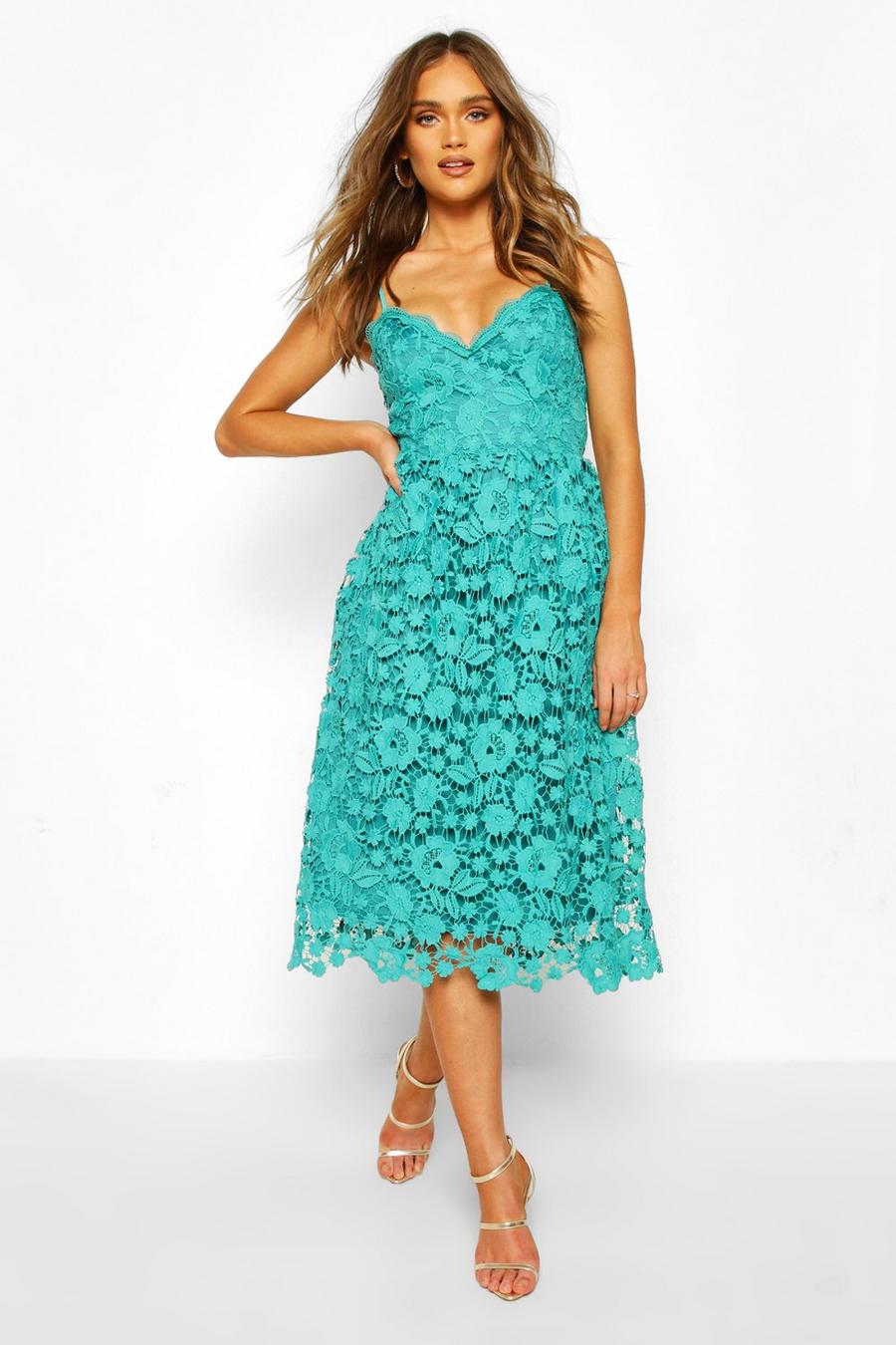 Teal Strappy Crochet Lace Skater Midi mesh Dress image number 1