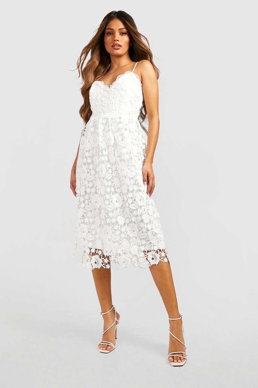 White Strappy Crochet Lace Skater Midi Dress image number 1