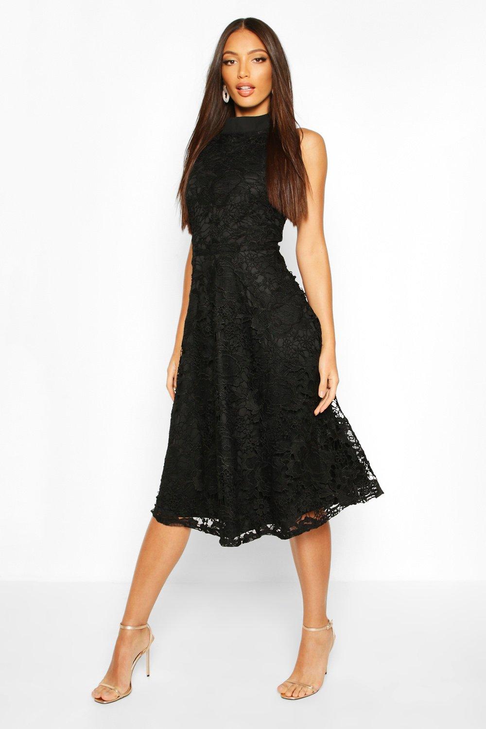 black lace midi skater dress